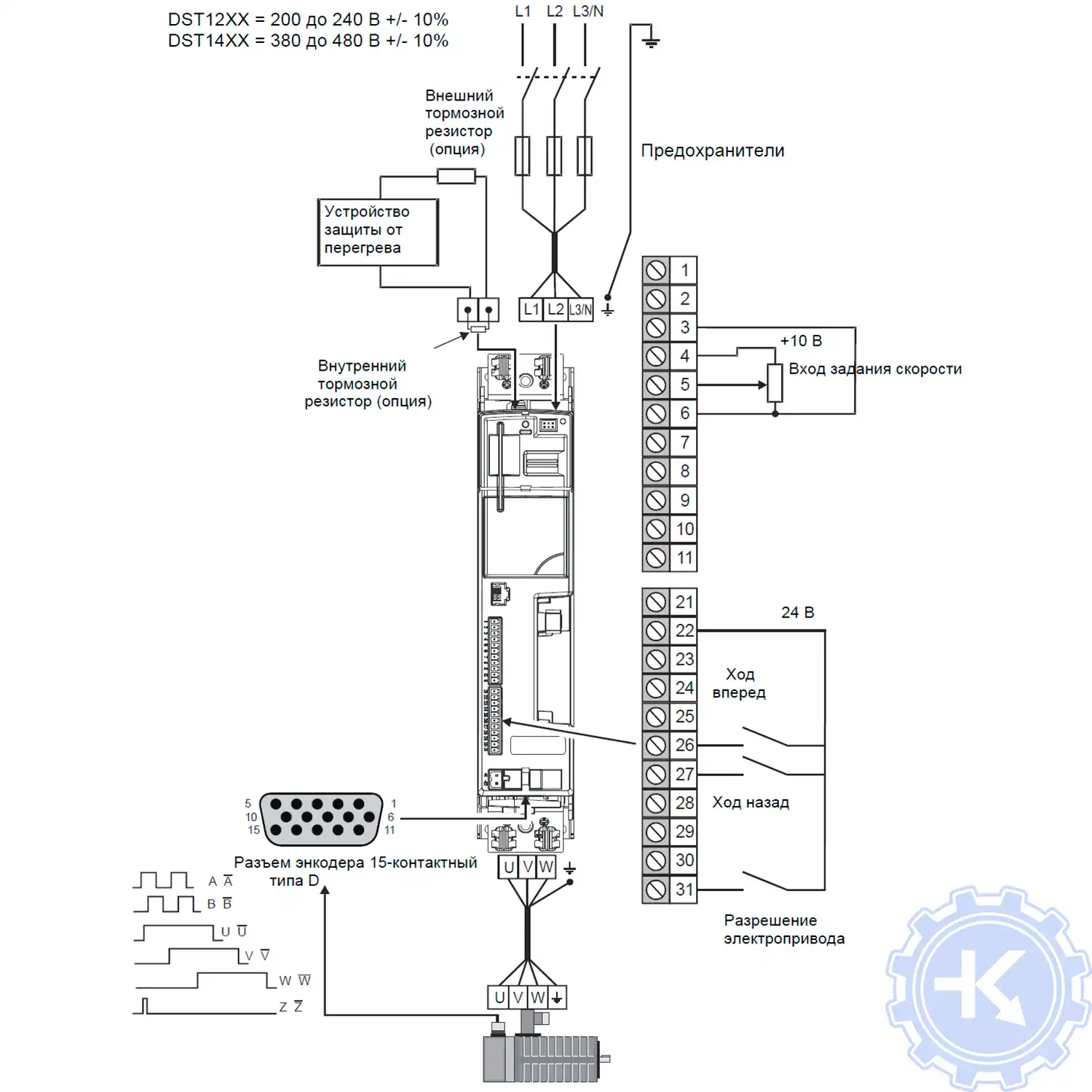 Схема подключения сервопривода Emerson (Control-Techniques) Digitax ST для работы двигателя в режиме клемм (аналоговый вход) Схема подключения сервопривода Emerson (Control-Techniques) Digitax ST для работы двигателя в режиме клемм (аналоговый вход)