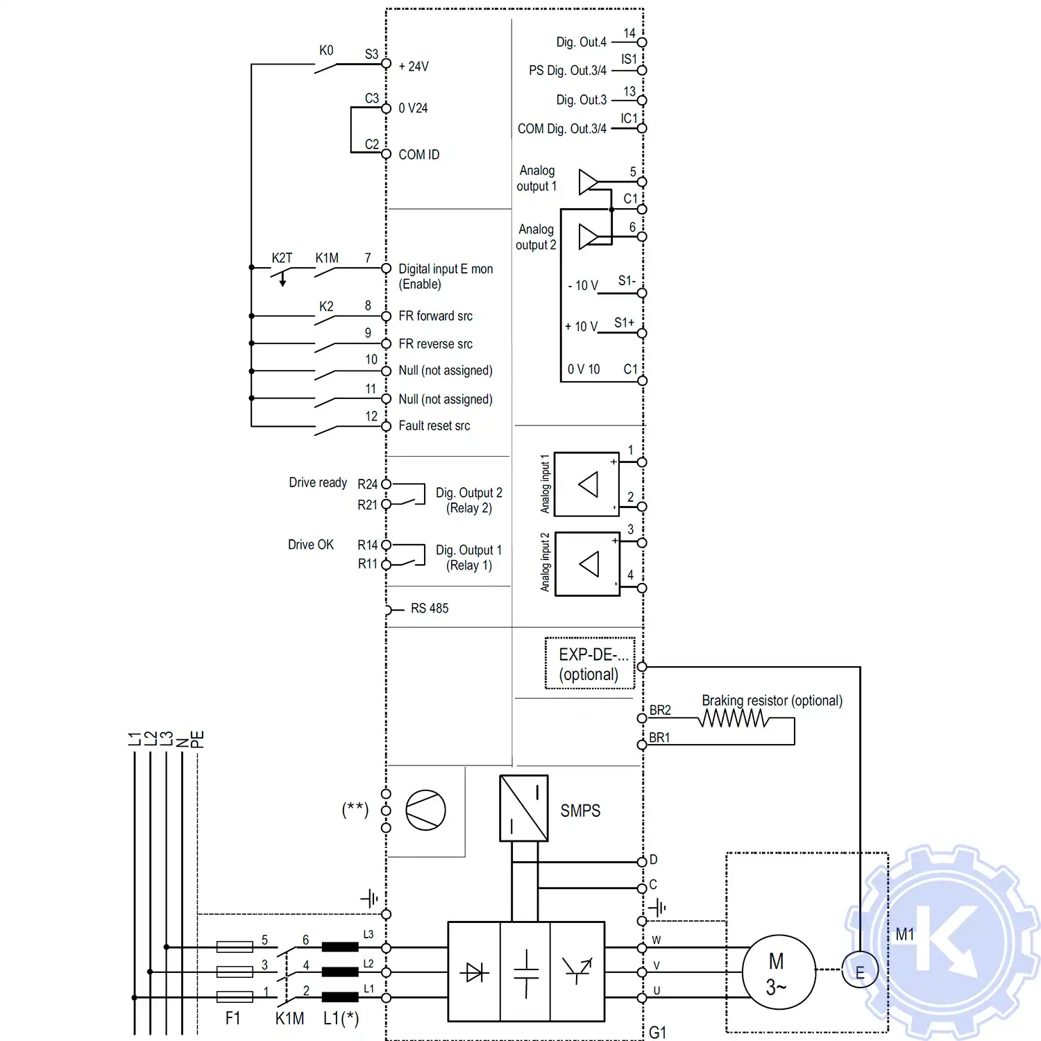 Типовая схема соединений частотного преобразователя GEFRAN AVD200, соединение через клеммную колодку Типовая схема соединений частотного преобразователя GEFRAN AVD200, соединение через клеммную колодку