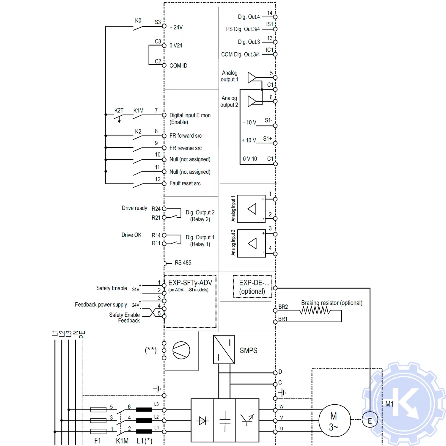 Упрощенная схема частотного преобразователя GEFRAN AVD200, функция безопасного отключения момента (только модели ADV ... SI) Упрощенная схема частотного преобразователя GEFRAN AVD200, функция безопасного отключения момента (только модели ADV ... SI)
