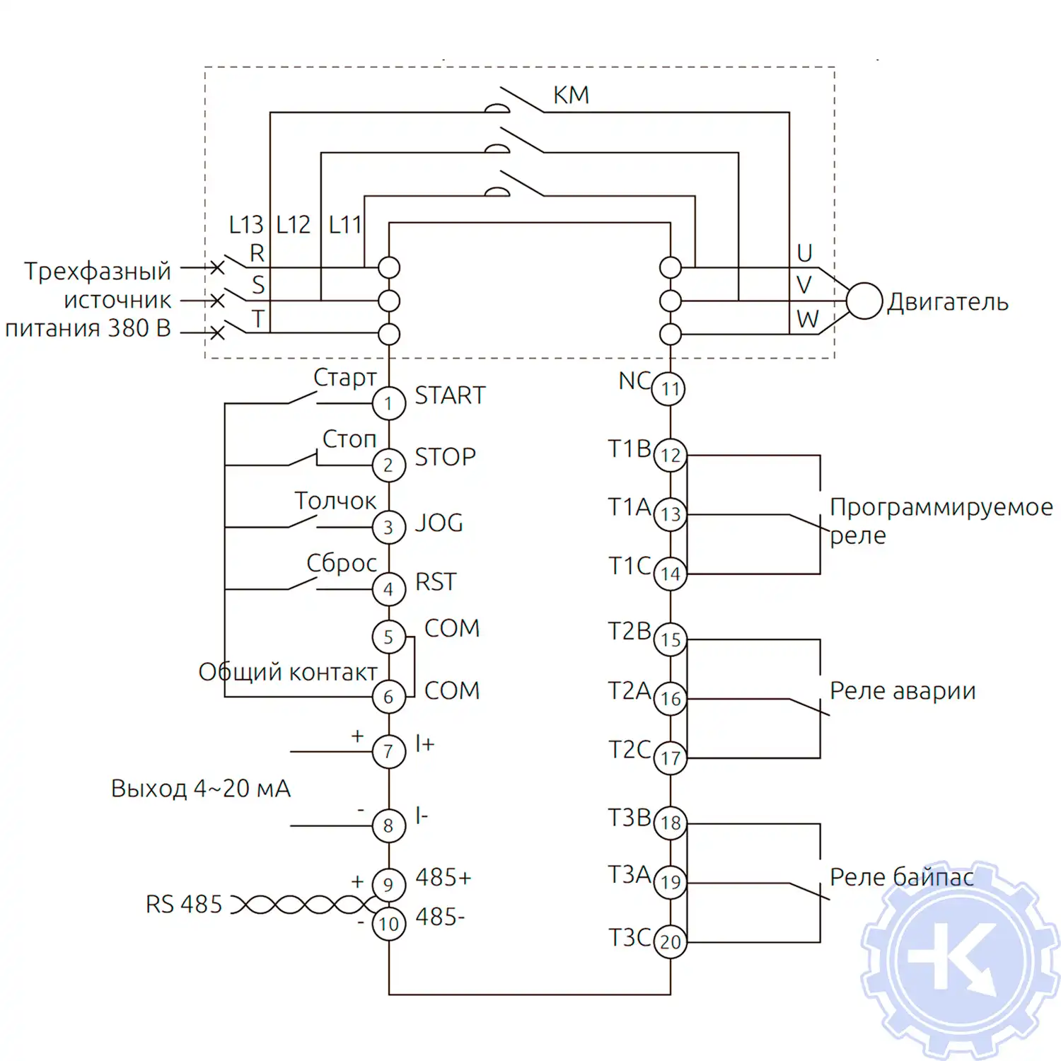 Схема подключения УПП ESQ GS7 с встроенным байпасным контактором Схема подключения УПП ESQ GS7 с встроенным байпасным контактором