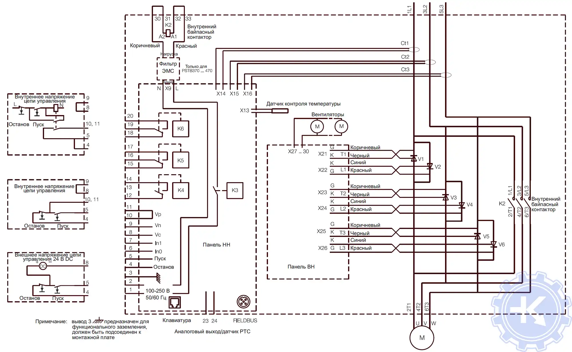 Схема подключения устройства плавного пуска, тип PSTB Схема подключения устройства плавного пуска, тип PSTB
