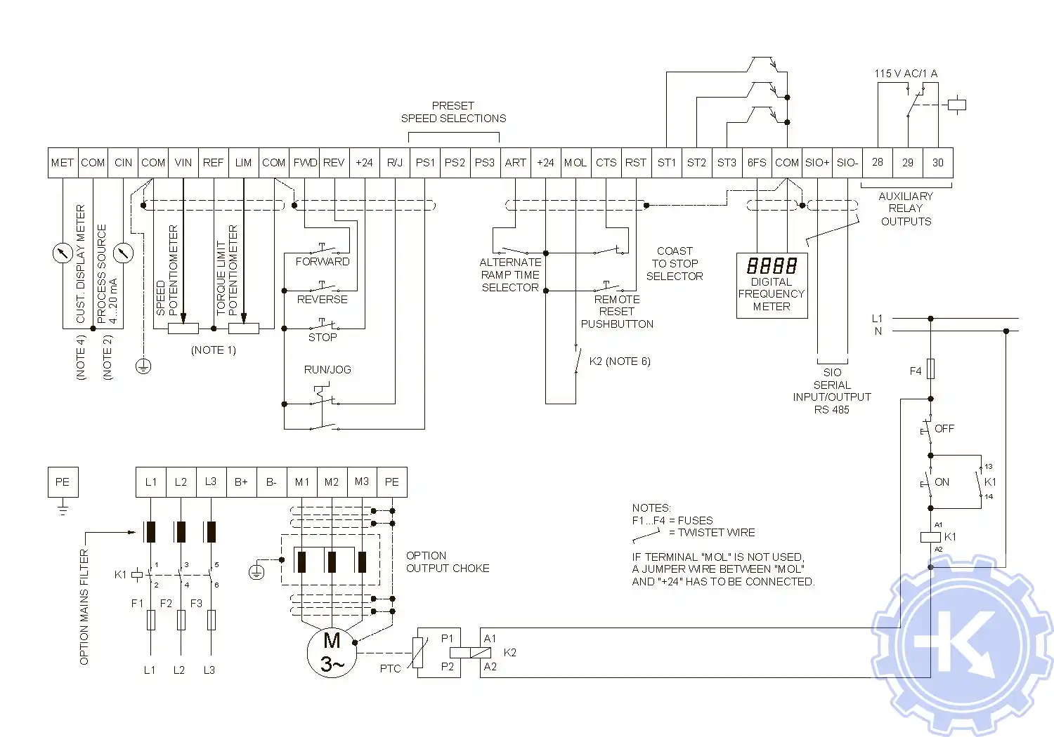 Типовые подключения для внешнего управления скоростью и моментом, а также для внешнего запуска и остановки преобразователя Berges ACP 6000SLV. Также приведены требования к функции задания и реверсирования. Типовые подключения для внешнего управления скоростью и моментом, а также для внешнего запуска и остановки преобразователя Berges ACP 6000SLV. Также приведены требования к функции задания и реверсирования.
