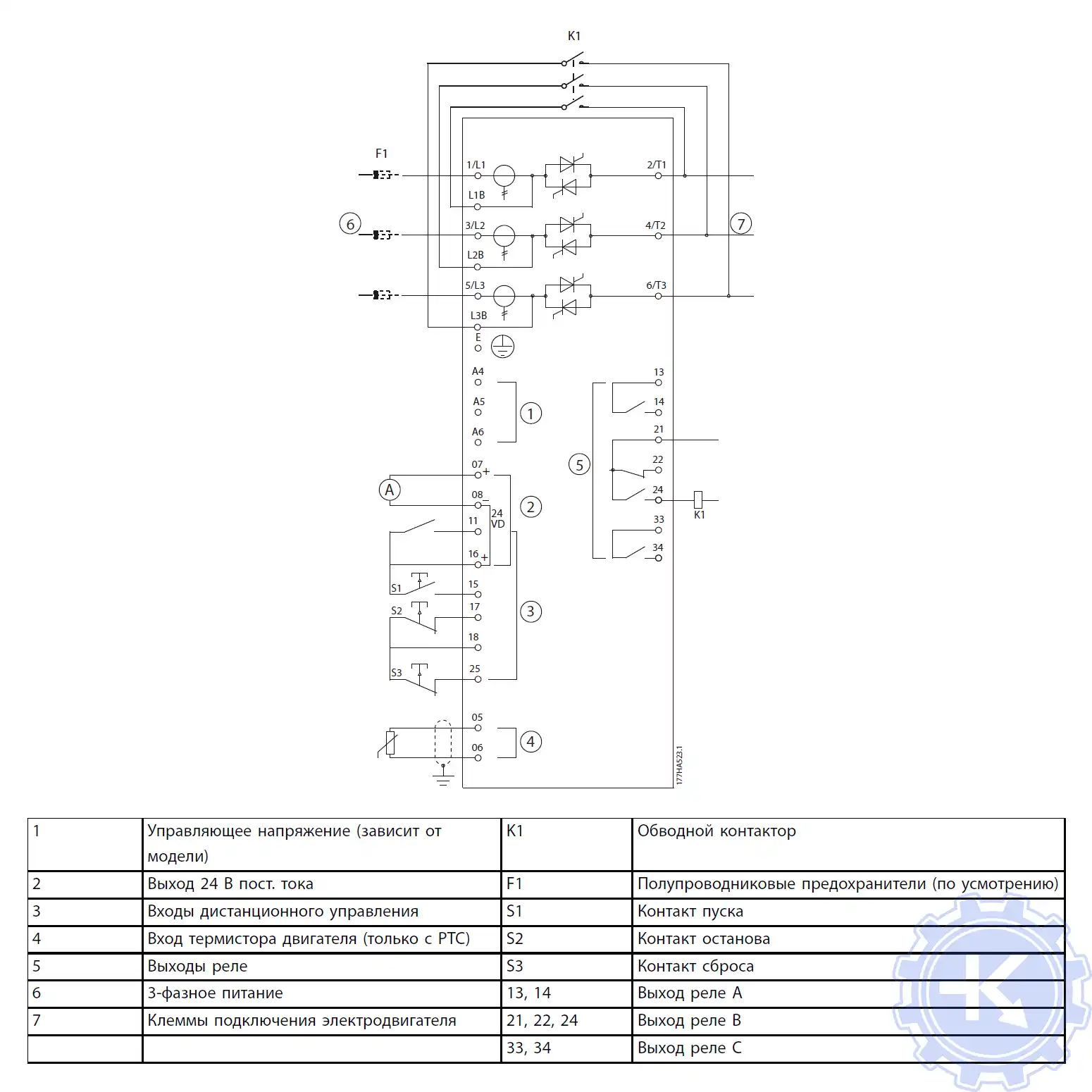 Схема цепи с обводным контактором УПП MCD 500 Схема цепи с обводным контактором УПП MCD 500
