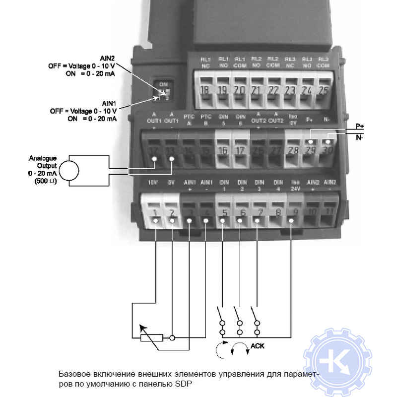 Подключение внешних элементов управления Siemens MICROMASTER 440 Подключение внешних элементов управления Siemens MICROMASTER 440