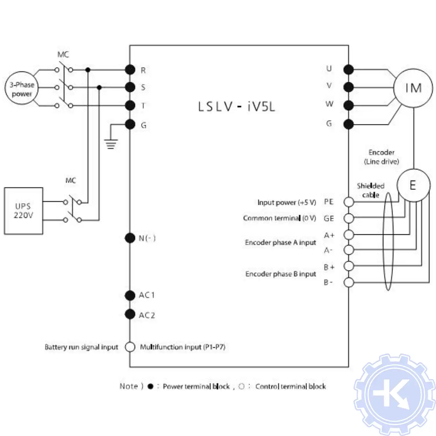 Схема подключения преобразователя частоты LS iV5l с подачей-питания от UPS Схема подключения преобразователя частоты LS iV5l с подачей-питания от UPS