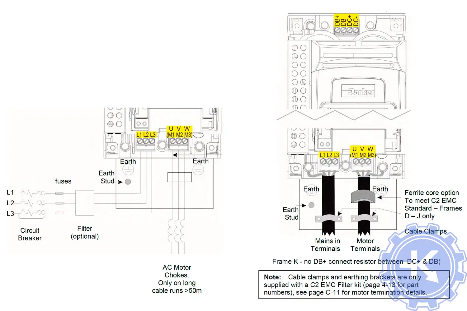 Стандартная блок-схема подключения преобразователей частоты Parker Hannifin AC30 к сети переменного тока Стандартная блок-схема подключения преобразователей частоты Parker Hannifin AC30 к сети переменного тока