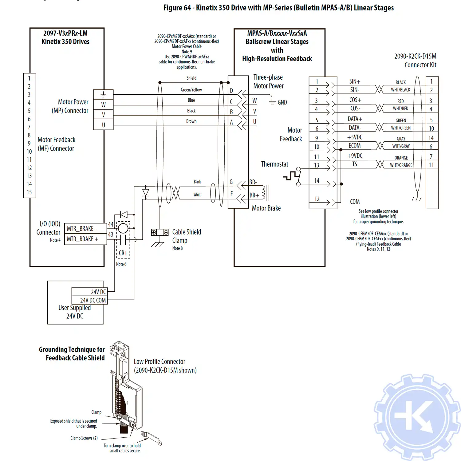 Схема подключения сервопривода Allen-Bradley kinetix 350 к серводвигателю серии MP (Bulletin MPAS-A/B) Схема подключения сервопривода Allen-Bradley kinetix 350 к серводвигателю серии MP (Bulletin MPAS-A/B)