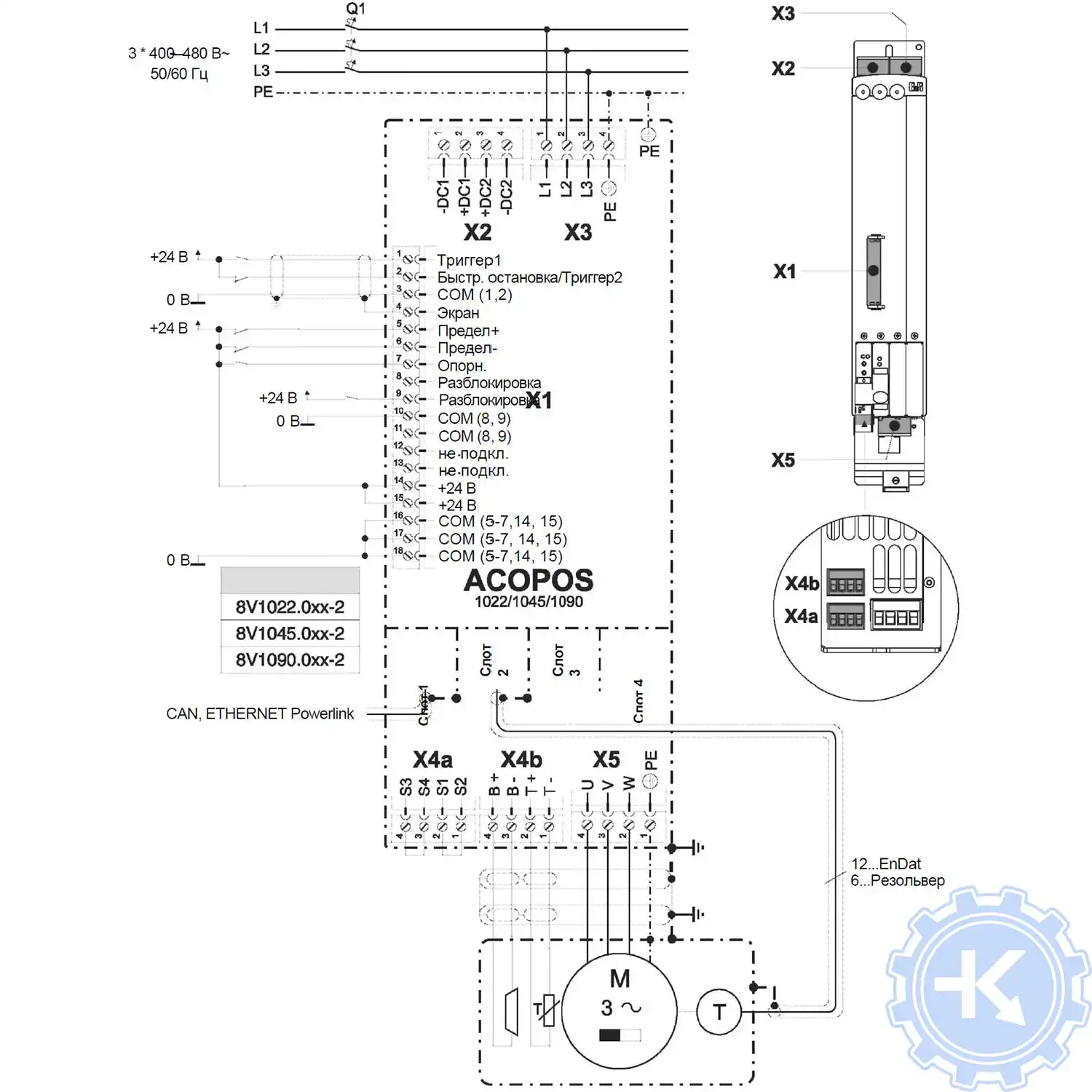 Схема подключения сервопривода ACOPOS-1045, 1090