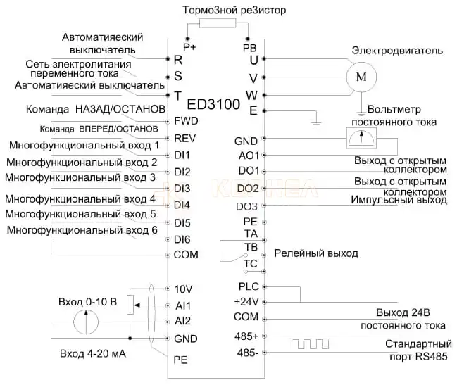 Схема электрических подключений преобразователя частоты ED3100 мощностью до 18,5 Квт
