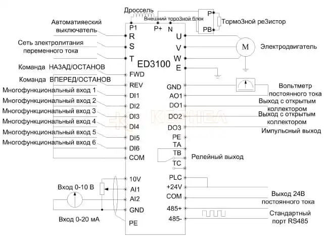 Схема электрических подключений преобразователя частоты ED3100 мощностью от 22 Квт